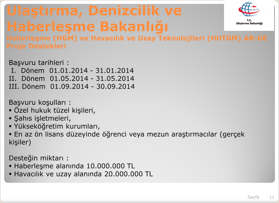 Ulaştırma, Denizcilik ve Haberleşme Bakanlığı Haberleşme (HGM) ve Havacılık ve Uzay Teknolojileri (HUTGM) ARAR-GE Proje Destekleri Başvuru tarihleri : I. Dönem 01.01.2014-31.01.2014 II. Dönem 01.05.