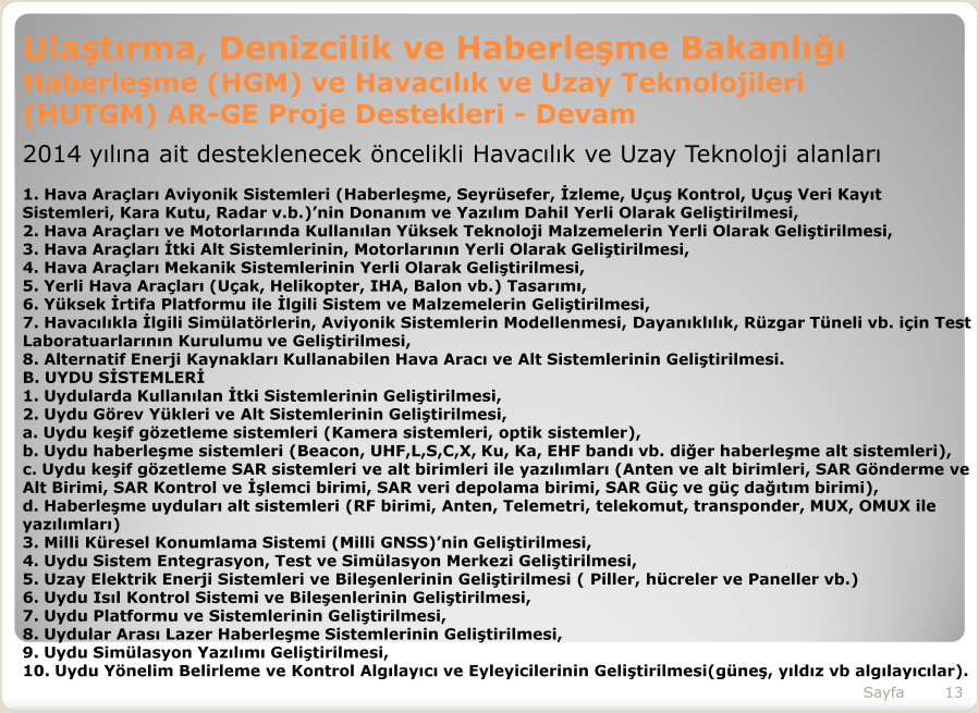 Ulaştırma, Denizcilik ve Haberleşme Bakanlığı Haberleşme (HGM) ve Havacılık ve Uzay Teknolojileri (HUTGM) ARAR-GE Proje Destekleri - Devam 2014 yılına ait desteklenecek öncelikli Havacılık ve Uzay