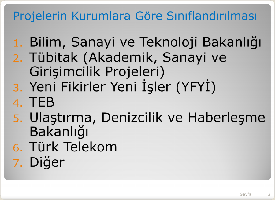 Projelerin Kurumlara Göre Sınıflandırılması 1. 2. 3. 4. 5. 6. 7.