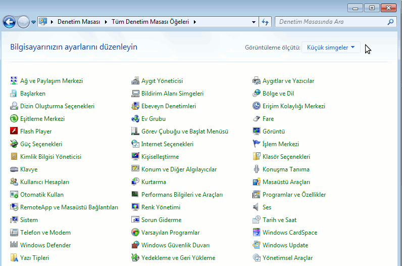 Denetim Masası Öğeleri: Bilgisayarda yüklü olan tüm aygıtlarla ilgili seçeneklere denetim masasından ulaşılır.