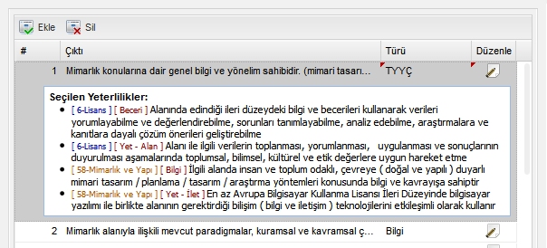 Çıktı Türü TYYÇ olarak seçildiğinde, düzenlenmekte olan çıktı ile TYYÇ Düzey ve Temel Alan Yeterliliklerinin eşleştirilmesi için Ekran 7a da görüntülenen Yeterlilik Ağacı belirecektir.