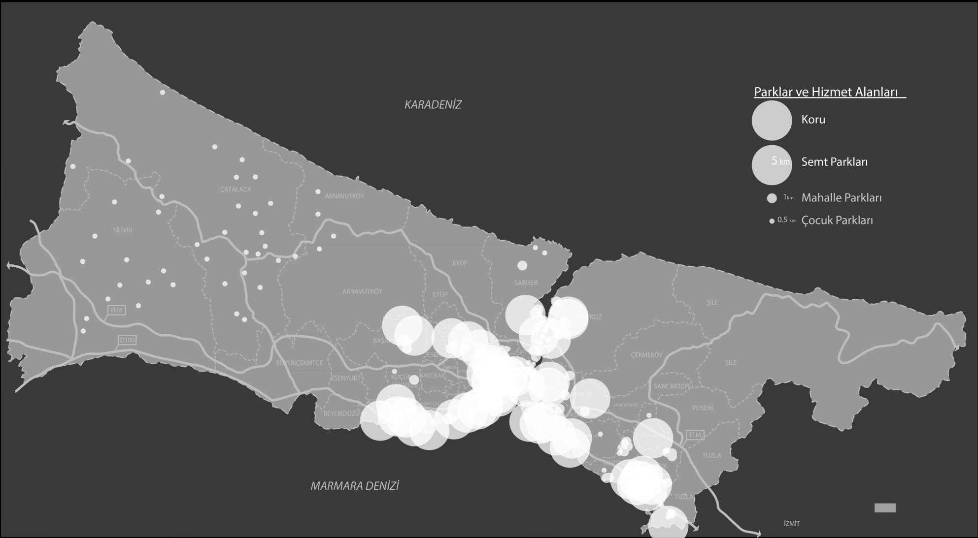 Harita 2 Parklar ve hizmet alanları Kaynak: İstanbul Büyükşehir Belediyesi, Avrupa ve Anadolu Yakası Park ve Bahçeler