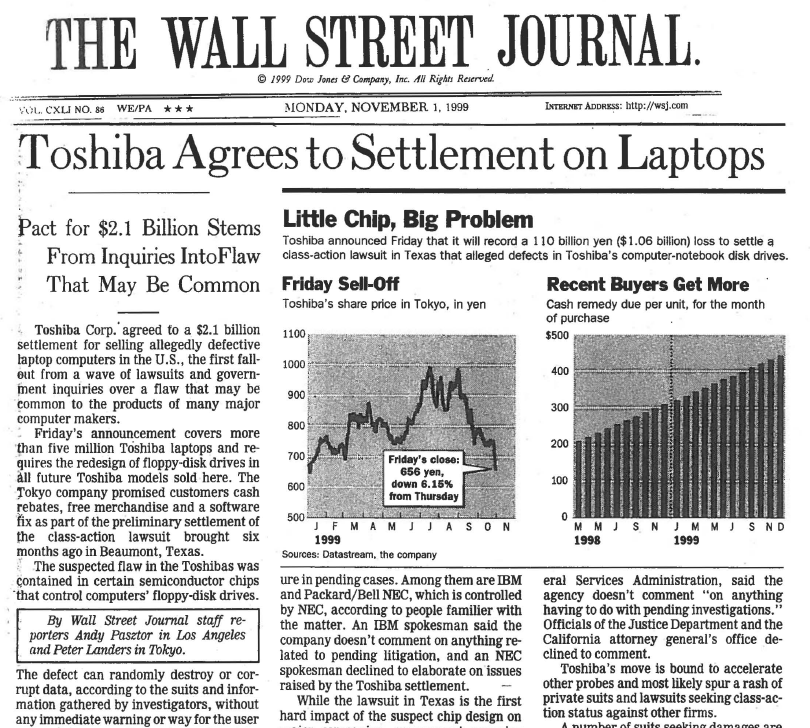 Örnek 1:Toshiba dizüstü bilgisayar 1999 yılında Toshiba ABD de bilgisayarda bulunan verilerin rasgale bozulmasına neden olan, hatalı olduğu tespit edilen dizüstü