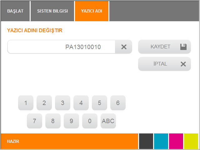 İşletim 2 İstediğiniz yazıcı adını ekran tuşları yardımıyla girin ve [KAYDET] düğmesine dokunup onaylayın. Girişin tamamını [X] tuşuyla silebilirsiniz.