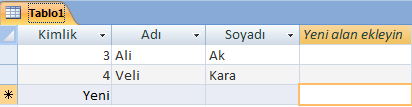 Şekil 2.3: Veri sayfası görünümü Tabloyu veri sayfası görünümünde açtıktan sonra yapılması gereken tablonuza sırası ile alan başlıklarını yazıp verileri girmek olacaktır.