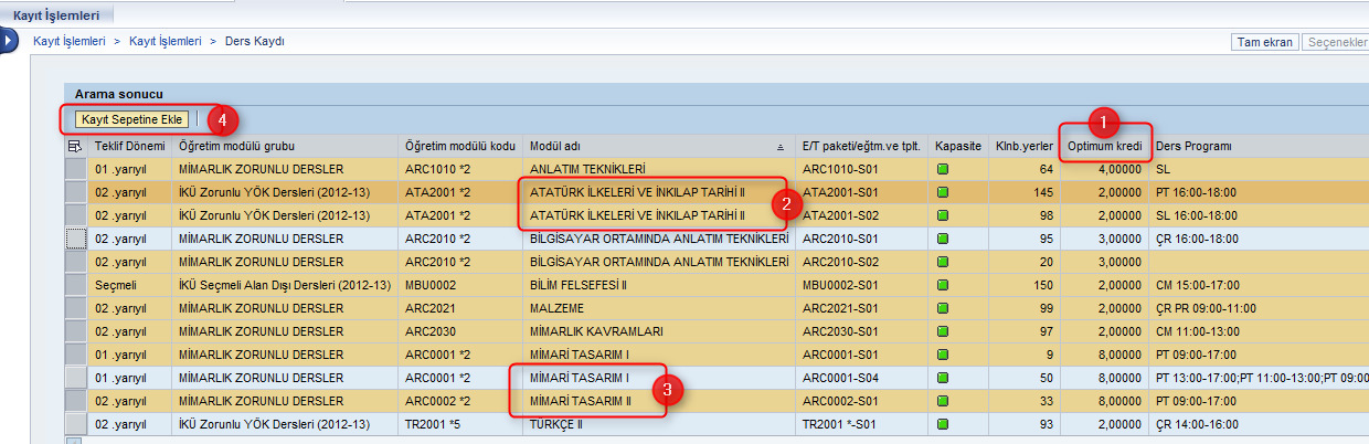 9. Adım Dersleri Kayıt Sepetine Atarken Yapılabilecek Hatalar Derslerin seçilerek Kayıt sepeti ne atılması durumunda oluşabilecek hata durumları, hatalı ders seçimleri yapılarak aşağıdaki gibi