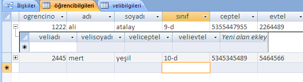 25 Aşağıdaki gibi 1. tabloda olmayan bir OgrNo 2. tabloda yazıldığında uyarı mesajı ekrana gelir. Aynı tablo içindeyken + işaretine tıklayarak diğer tablonunda bilgileri girilebilir.