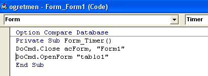 Şimdiki örneğimizde timer nesnesine girilen süre kadar farklı bir formun ekranda kalmasını sağlayacağız.