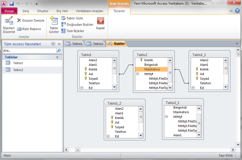 Tablo İlişkilendirme Bir veri tabanı oluşturulurken tabloları kullanma, en önemli konudur. Tablo tasarımı iyi yapılırsa veri tabanında fazla veri tutulmaz. Böylece veri tabanı boyutu artmayacaktır.