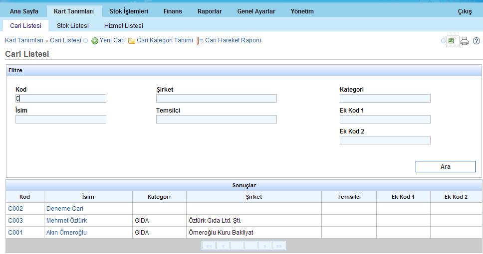 Cari Listesi Sistemde daha önce kaydedilmiş olan cari kartlarının istenen kriterlere göre sorgulanabilmesini sağlar.