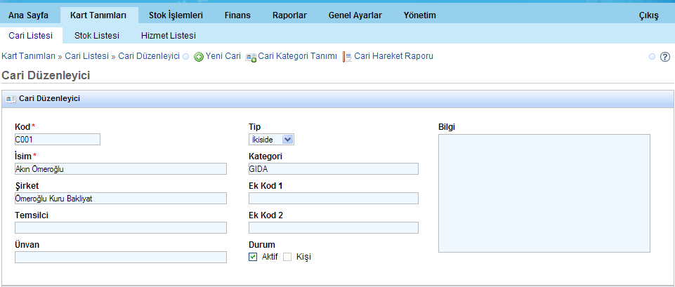 Alan Adı Açıklama kod zorunlu alanlar isim zorunlu alanlar şirket Eğer cari şahıs değil şirket ise şirket adının girileceği alandır temsilci Varsa carideki temsilcinin adı soyadı girilecektir unvan