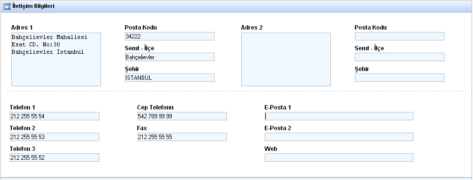İletişim Bilgiler i bölümü Bu cari ile ilgili tüm telefon, adres, e posta ve web adres bilgilerinin kaydedileceği bölümdür.
