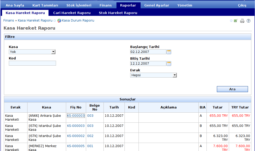 Başlangıç ve Bitiş Tarihi alanlarının yanındaki ikonuna tıklanarak karşımıza gelen takvimden istenilen tarih bilgisi girilebilir. Finans sekmesine tıklama yapıldığında finans sayfası görüntülenir.