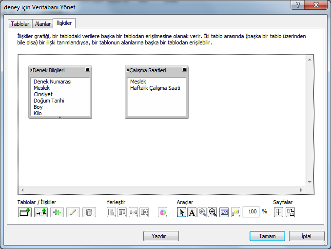 Şimdi her iki tablonun birbirinden veri almasını sağlayacağız. Bunun için Dosya Yönet Veritabanı komutunu verin açılan pencereden İlişkiler sekmesini tıklayın.