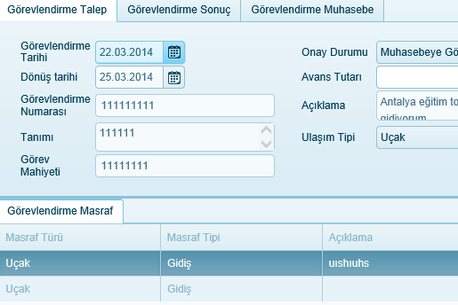 girilerek görevlendirme talep kaydı oluşturulur. Kaydet butonuyla görevlendirme kaydı oluşturulduktan sonra görevlendirmeye ait masraf girişleri yapılmasına izin verilir.