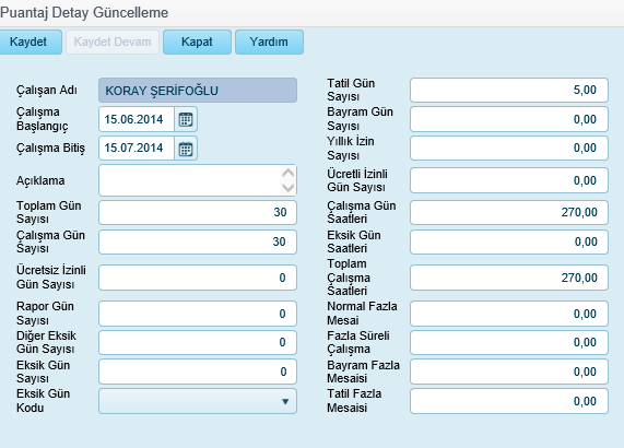 Çalışan Adı Çalışma Başlangıç Çalışma Bitiş Açıklama Toplam Gün Sayısıı Çalışma Gün Sayısı Ücretsiz İzinli Gün Sayısı Rapor Gün Puantaj Detayı işlem yapılan çalışanın adı Puantaj Dönemi içerisindeki