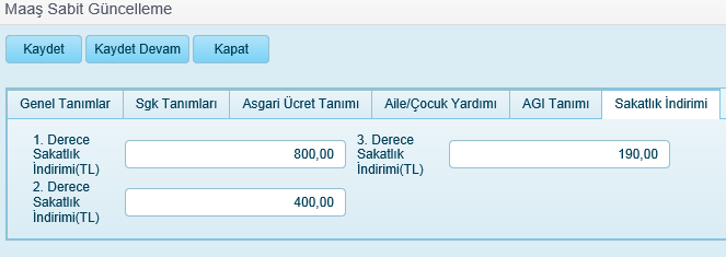 Maaş sabitlerinde Özürlü tanımı yapılmış bir personelin alabileceği vergi indirimlerinin sakatlık derecesine göre tanımlandığı bölümdür. 1.