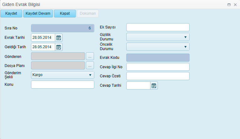 3.1.2.2. Giden Evrak Ekleme Yeni kayıt yapılacak giden evraklar için öncelikle Ekle butonuna tıklanır. Yukarıdaki sayfa açılır. Buradan aşağıdaki bilgiler girilerek giden evrak oluşturulur.