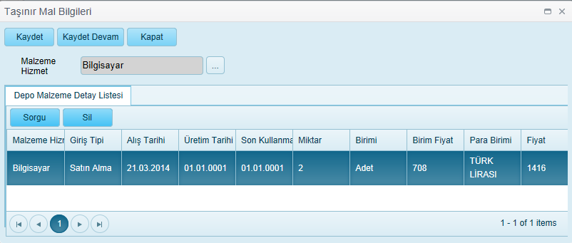 2 Parti Kayıtları Sorgulama 2 Parametre Güncelleme 4.3.1 Taşınır Mal Sorgulama Aşağıdaki alanlar ile taşınır mal sorgulaması yapılabilir. Malzeme Hizmet Malzeme Grubu Depo Malzeme Hizmet seçilir.