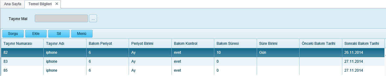 Temel bilgiler ekranına tıklandığında dayanıklı taşınırların temel bakım bilgilerinin listelendiği sorgulama ekranı açılır.