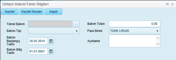 Bu ekranda yapılabilecek işlemler: 1 Detay Bakım Bilgileri Sorgulama 2 Detay Bakım Bilgisi Ekleme 3 Detay Bakım Bilgisi Silme 4 - Detay Bakım Bilgilerini Excel e Aktarma 5.2.1 Detay Bakım Bilgileri Sorgulama Aşağıdaki alanlar ile detay bakım sorgulaması yapılabilir.