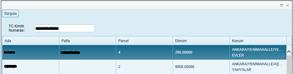 Gelen ekranda Tapu sahibinin TC Kimlik numarası girilerek Sorgula butonuna tıklanır.