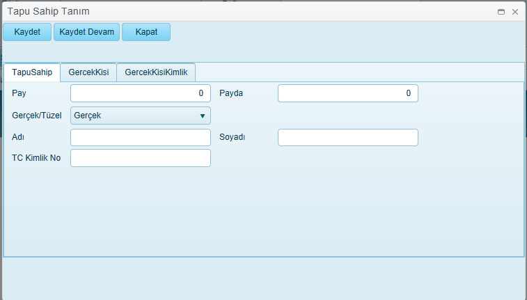 2- Hissedar Aktif/Pasif etme 4.2.2.1. Hissedar Ekleme Tapu hissedarı eklemek için Tapu Sahipleri sekmesinde Ekle butonuna tıklanır. Açılan ekranda aşağıdaki bilgiler girilerek kayıt işlemi tamamlanır.