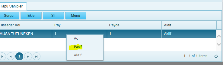 Kaydet butonuna tıklanarak işlem tamamlanır. 4.2.2.3. Hissedar Aktif/Pasif etme Tapu üzerinde kayıtlı hissedarlar, hisseleri artık geçerli değilse, sağ tıklanarak Pasif hale getirilebilir.