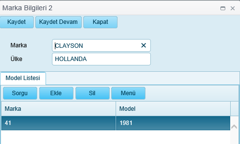 Tescil verme işleminde marka ve modeller daha önce bu ekranda tanımlanmış olan bilgiler arasından seçilir. 12.2.1. Sorgulama Marka ve Ülke adı kriterleri ile sorgulama yapılabilir. 12.2.2. Ekleme Ekle butonu ile yeni marka girişi ekranı açılır.