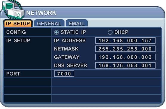 BÖLÜM AYARLAR STATIC IP: Sabit IP Adresi, Gateway ve Netmask elle girilir.. DHCP: Dynamic Host Configuration Protocol. Eğer lokalde DHCP CONFIG serverınız var ise IP adresini DVR otomatik olarak alır.