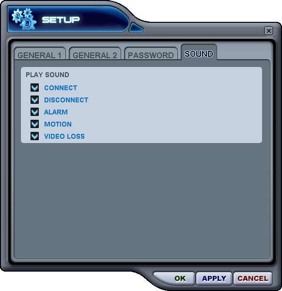 4SOUND CMS için ses uyarı ayarını yapın. Software dan sesi etkin yada devre dıģı yapabilirsiniz. Connect: CMS, DVR bağlandığında ses çıkarır. Disconect: CMS, DVR ın bağlantısı koptuğunda ses çıkarır.