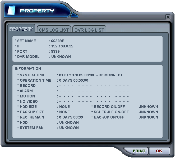 ** DVR Özelliği DVR NO veya DVR NAME e çift tıklandığında DVR ın özellikleri görüntülenir.. Bu menü aģağıdaki listede olan bilgileri gösterir. a. DVR MODEL b.