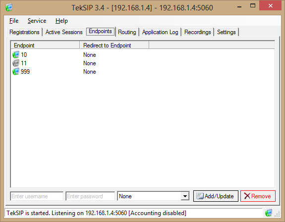 Şekil - 2. TekSIP Konfigürasyonu If you choose to use TekSIP with Authentication Enabled, you need to define SIP endpoints in Endpoints tab. TekIVR Ayarları Şekil - 2.