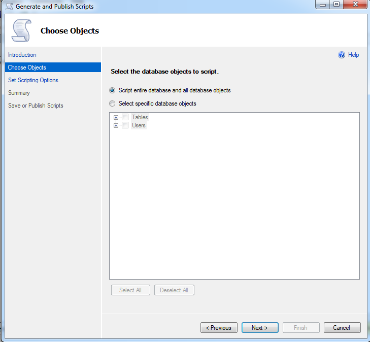 Resim 2.36: Veritabanı script oluşturma penceresi choose objects sekmesi Choose Objects sekmesinde, veritabanı üzerindeki hangi nesnelerin t-sql komutlarına çevrilmesini istediğimizi belirliyoruz.