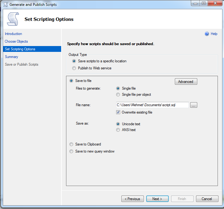 Resim 2.37: Veritabanı script oluşturma penceresi set scripting options sekmesi Set Scripting Options sekmesinde script dosyamızın kayıt özellikleri yer alıyor.