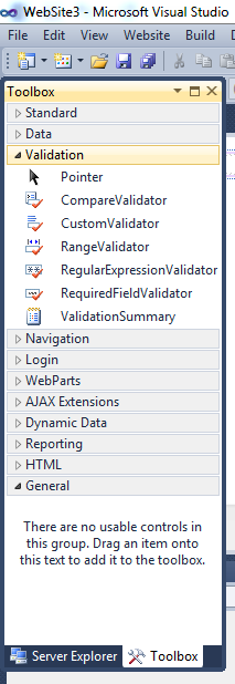 2.5.1.2. Toolbox Validation Kontrolleri Programda istenmeyen kullanıcı giriģlerini engellemek ve kullanıcının girdiği veriyi denetlemek amacıyla kullanılır.