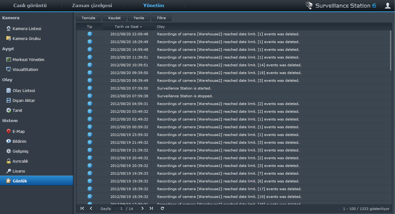 Synology DiskStation Kullanım Kılavuzu Günlük Görüntüleyin Yönetim altındaki Sistem > Günlük seçeneğine giderek kamera bağlantısının kesilmesi veya kamera ayarlarında değişiklik yapılması gibi kritik