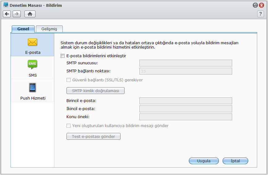 Synology DiskStation Kullanım Kılavuzu Olay Bildirimlerini Alın Ana Menü > Denetim Masası > Bildirim'e gidin ve sistemde durum değişiklikleri veya hatalar oluştuğunda e-posta, SMS, mobil cihazlar,