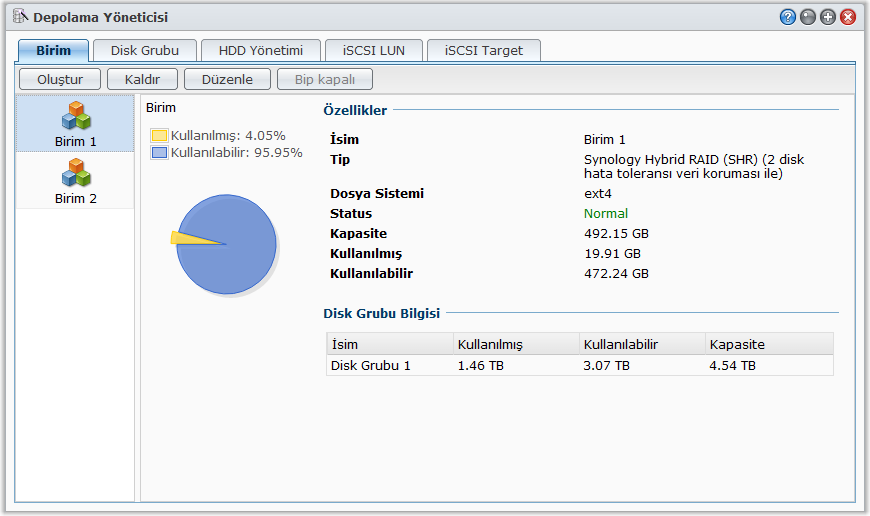 Synology DiskStation Kullanım Kılavuzu RAID Tipi HDD Sayısı İzin Verilen Arızalı HDD Sayısı Açıklama Kapasite RAID 0 2 0 RAID 1 2-4 (HDD #) - 1 RAID 5 3 1 RAID 5+Spare 4 2 RAID 6 4 2 Bir depolama