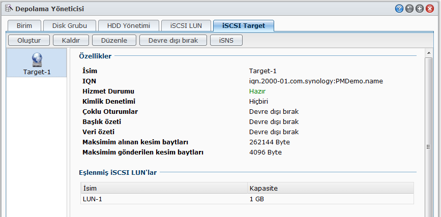 Depolama Yöneticisi ile iscsi Target'i Yönetin Synology DiskStation Kullanım Kılavuzu Ana Menü > Depolama Yöneticisi seçeneğine gidin ve iscsi Target sekmesine tıklayarak Synology DiskStation