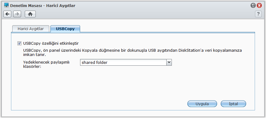 USB Cihaz veya SD Kart üzerine Veri Yedekleyin Synology DiskStation Kullanım Kılavuzu Ana Menü > Denetim Masası > Harici Aygıtlar seçeneğine giderek USBCopy veya SDCopy ile kullanım için bir