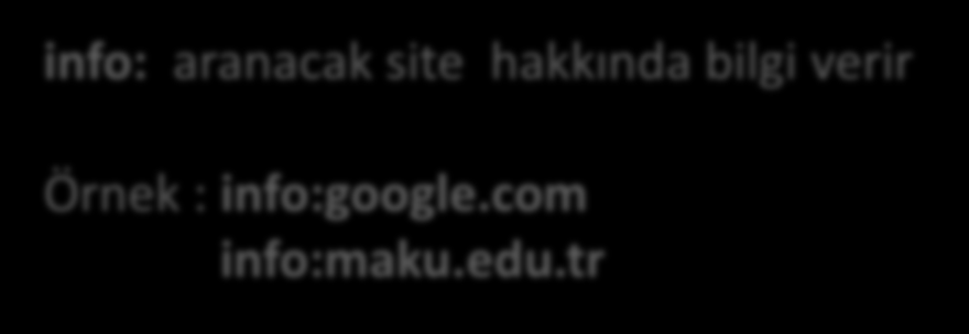 info: aranacak site hakkında bilgi verir Örnek : info:google.com info:maku.edu.