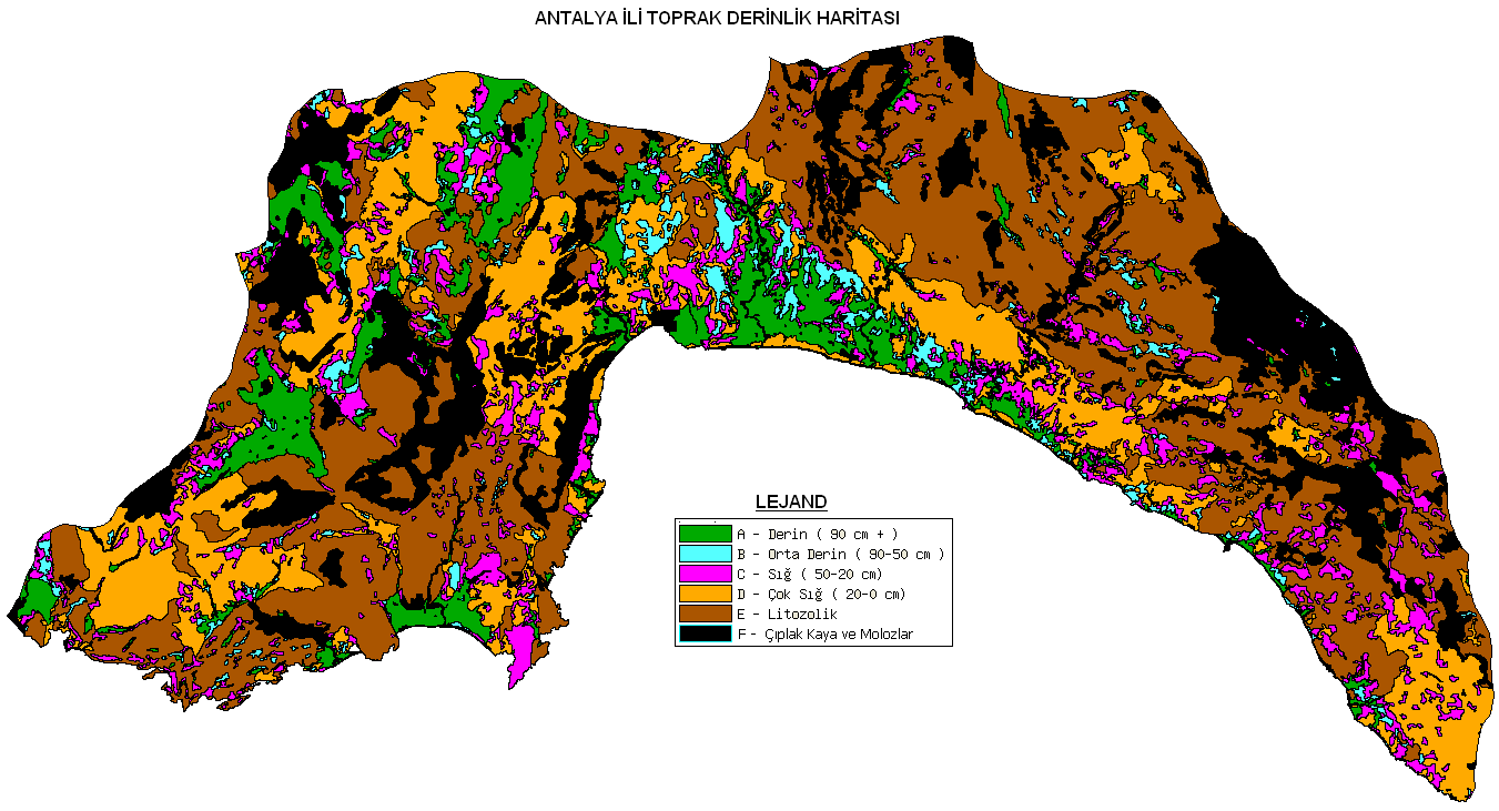 Tablo 46: Antalya Ġli Arazilerinin Profil Derinliğine Göre Arazi Dağılımı DERĠNLĠK SINIFI DERĠNLĠK (cm) ALANI (da) Çok Sığ 0-20 12.180.740 Sığ 20-50 1.897.710 Orta Derin 50-90 724.890 Derin >90 1.154.