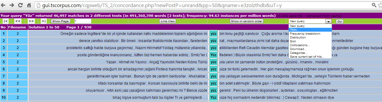 Sıklık Listeleri (frequency lists) menüsünden (Tablo-6), Tablo-5 te gördüğümüz arama seçeneklerine bağlı olarak sözcüğün kök şeklinde kullanım sıklığı da dâhil olmak üzere kök ve biçimbirim bazında