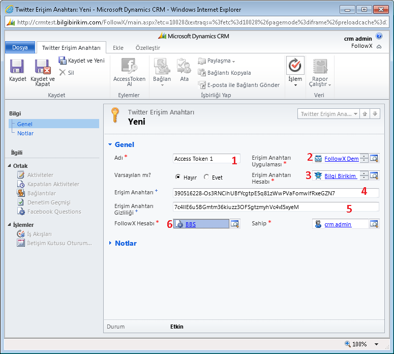 1 numaralı alana herhangi bir CRM görüntü adı girebilirsiniz. 2 numaralı alana Doküman-2 madde-3 de oluşturduğunuz twitter application ı seçiniz.