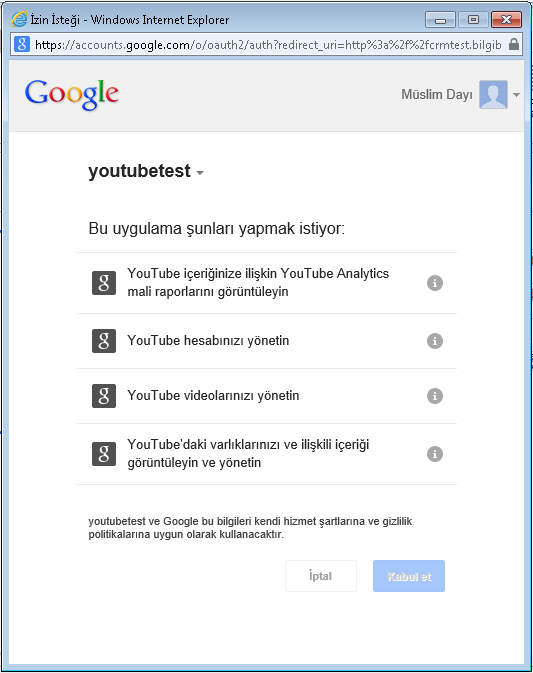 8) Tamam tuşuna basıldıktan sonra ekrana Google izin isteği