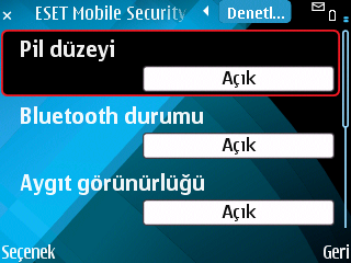 9. Güvenlik denetlemesi Güvenlik denetlemesi telefonun pil düzeyi, bluetooth durumu, boş disk alanı vb. ile ilgili durumunu denetler.