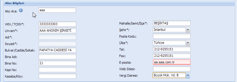 Alıcı Bilgileri Bölümünde yer alan; 1. VKN/TCKN alanın doldurulması ZORUNLUDUR. 1.a. VKN/TCKN alanına alıcının vergi kimlik numarası girildiğinde, UNVANI kısmına alıcının unvanının tam olarak girilmesi ZORUNLUDUR.