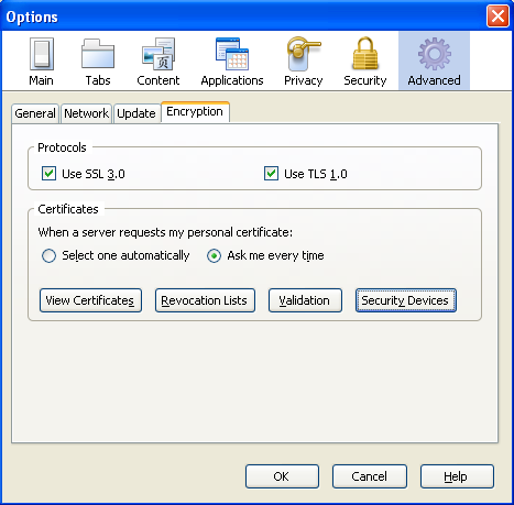 3. BROWSER YAPILANDIRMASI 3.1 MOZILLA FIREFOX YAPILANDIRMASI Firefox Tools Options penceresi Advanced Encryption sekmesi, Security Devices butonu seçilir.