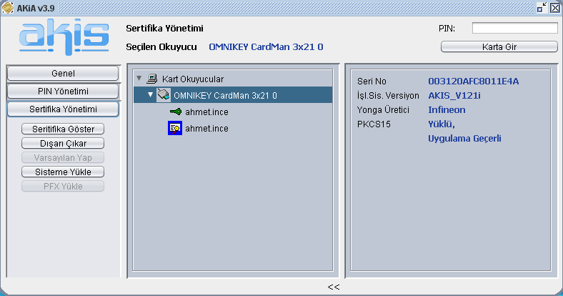 Şekil 21- AKiA Sertifika yönetimi penceresi Kart Okuyucular listesinde, kartların içindeki PKCS15 nesneleri de görüntülenir. Bunlar anahtar, sertifika veya veri nesnesi olabilir.